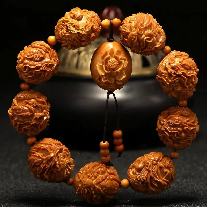 2025 Olive Kernel Nine Loong Play Ball Bracelet Men Short Round Chicken Red Old Iron Dragon Hand-carved Wood Hand String Handle