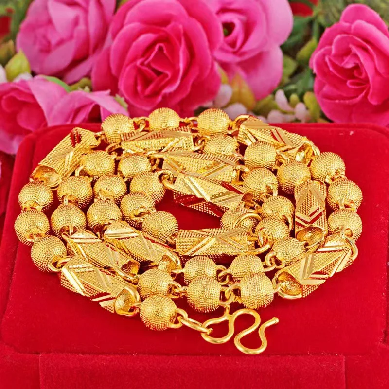 Fylia Jewelry   999924K real gold cloth pattern hexagonal cylindrical necklace frosted cylindrical national trend necklace semi-
