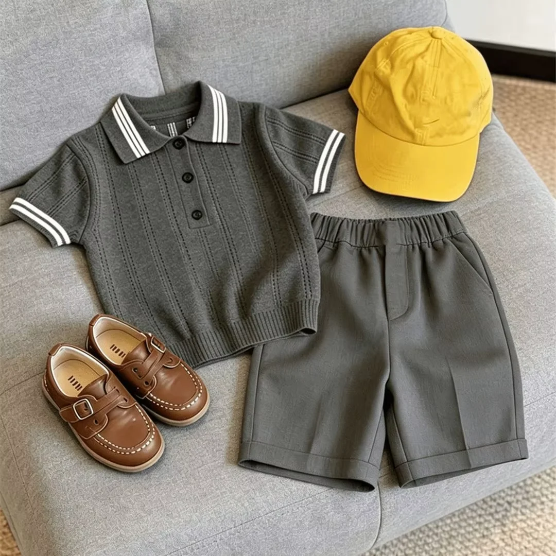 Kids Boys Summer Clothing Set 2026 New Retro Color Block Hollow Knit Short Sleeve T-Shirt + Dress Shorts 2-Piece Suit Handsome