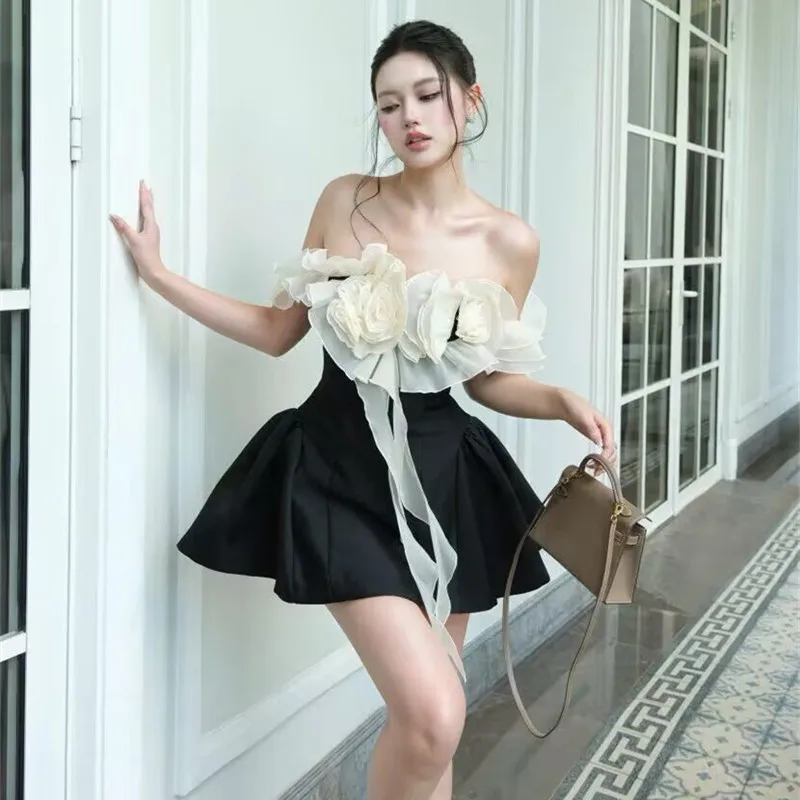 

Elegant Floral 3D One Shoulder Dress Women's High Waist Knitted Cotton Cake Skirt Short Sleeve Dance Party Evening Gown