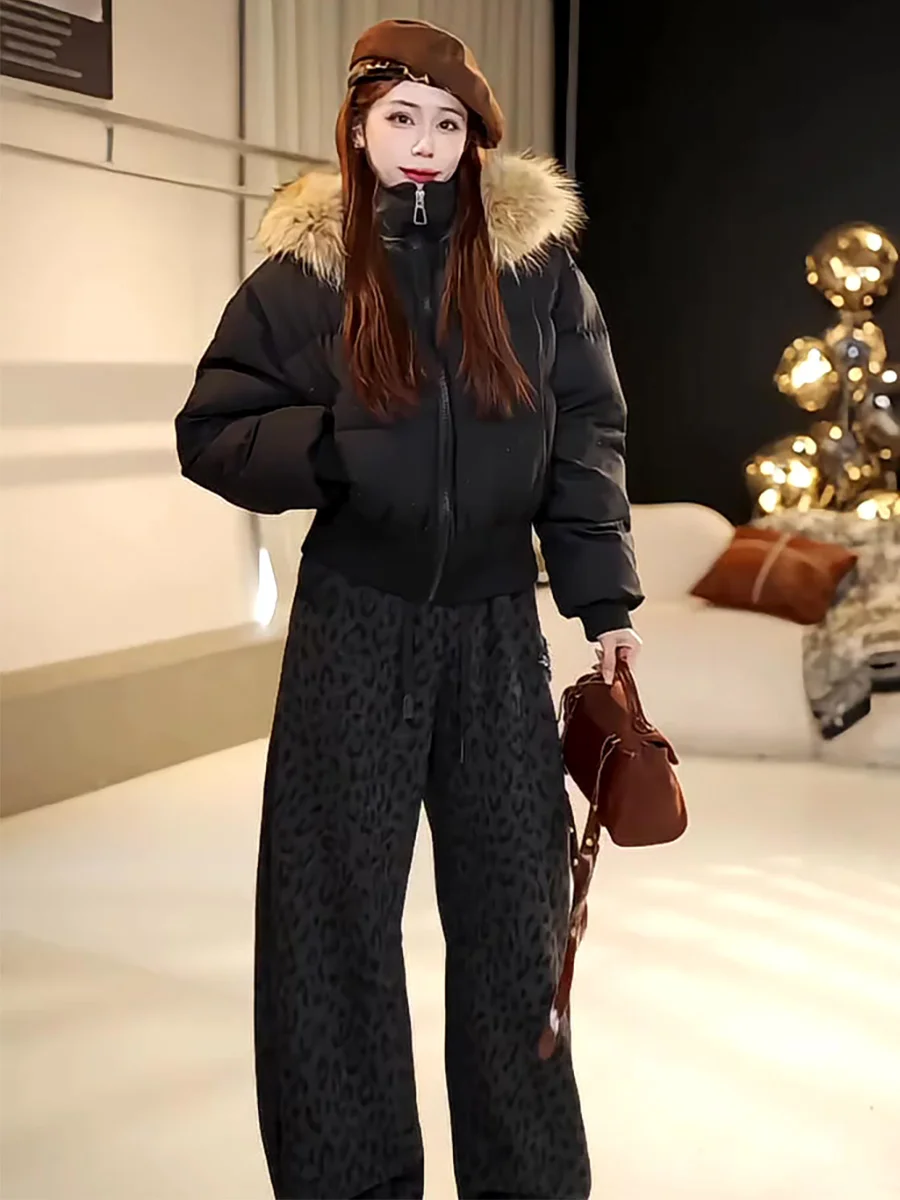 

Casual Sle ort Women's down Jaet 2025 Winter New Bla Hooded Warm 90 White Du Feather Coat Real Fur Collar Coat