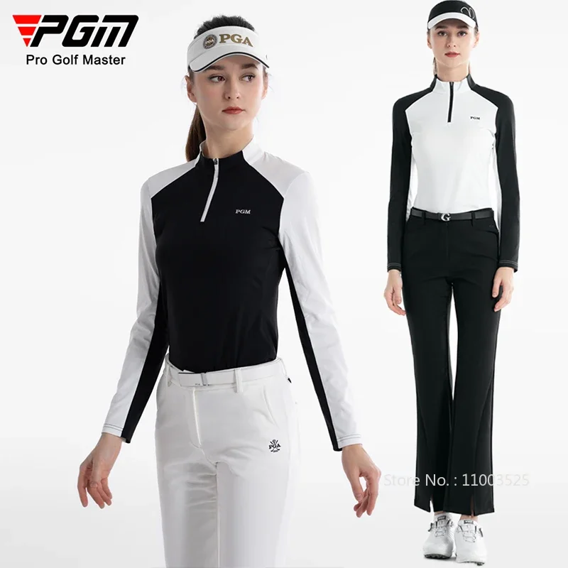 PGM Women Spring Long-sleeved Patchwork Golf T-shirt Zipper Collar Golf Tops Autumn Elastic Polo Shirts Leisure Slim Sportswear