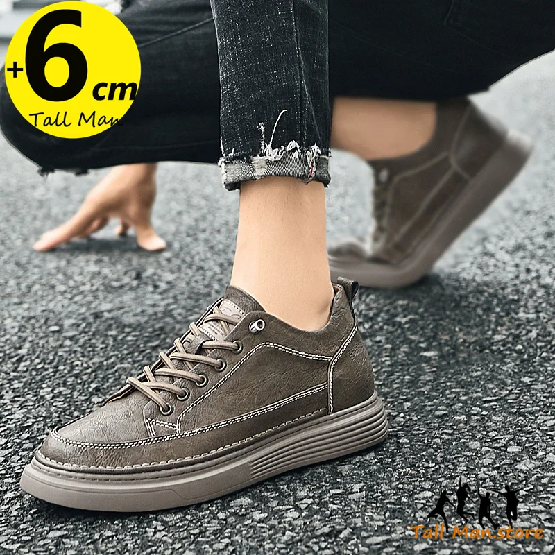 Fashion Men Sneakers Elevator Shoes Leather  Height Increase Insoles 6CM Man Daily Life Lift