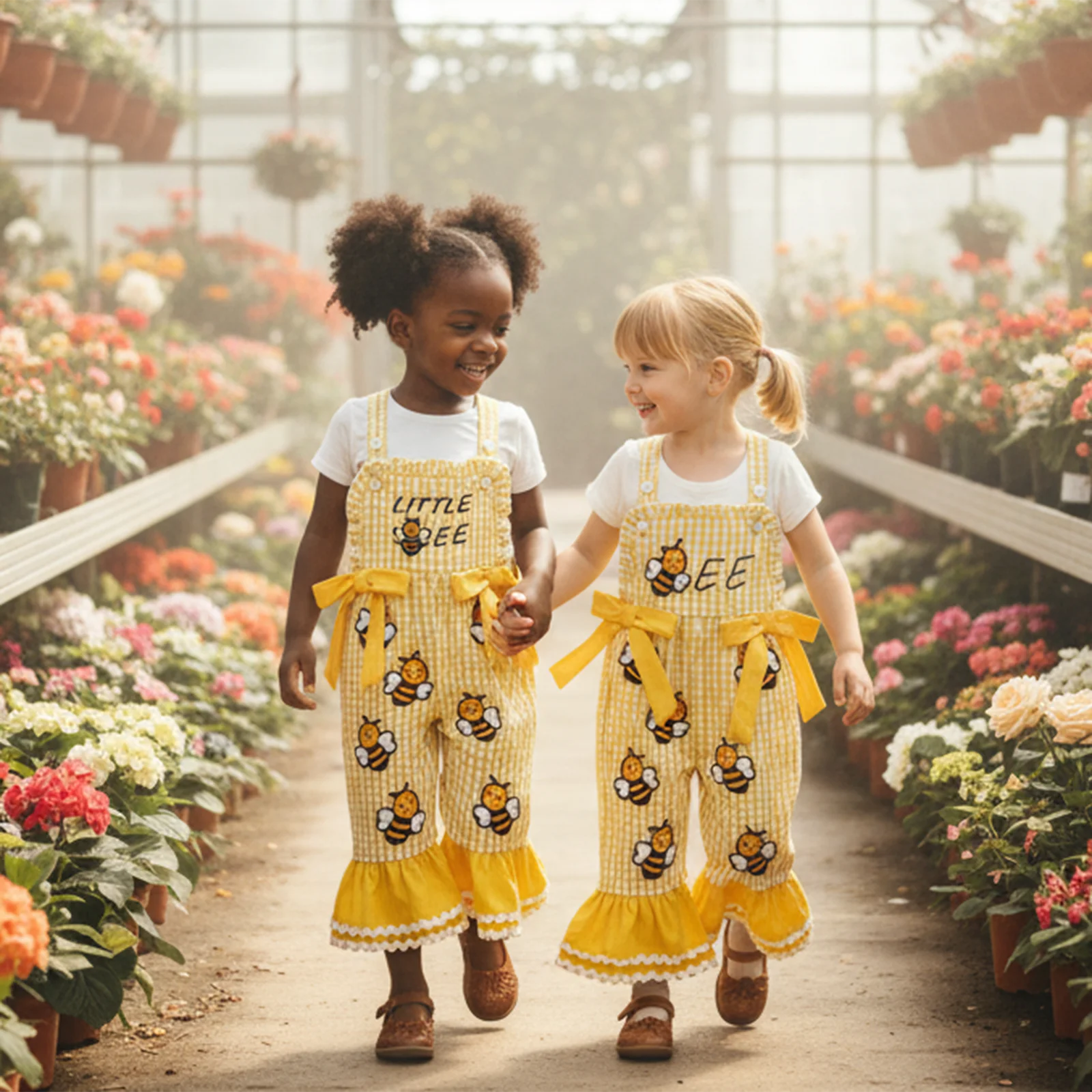 Cute Toddler Baby Girls Jumpsuit Bell Bottoms Bee Embroidered Plaid Decorative Bow Sleeveless Overalls