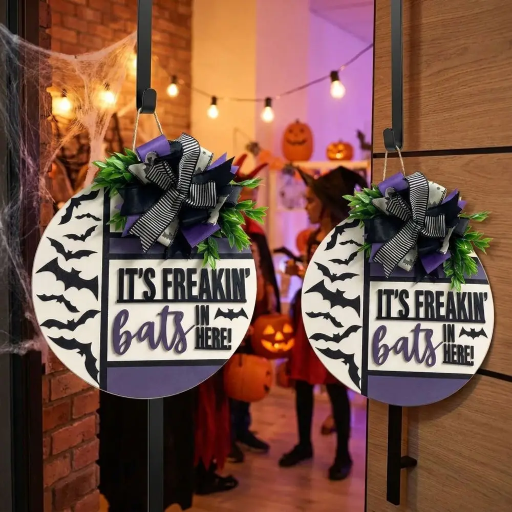 Rustic Halloween Door Hanger Wreath Fabric Bow Fade Resistant Wooden Bat Welcome Sign Vintage Farmhouse Style