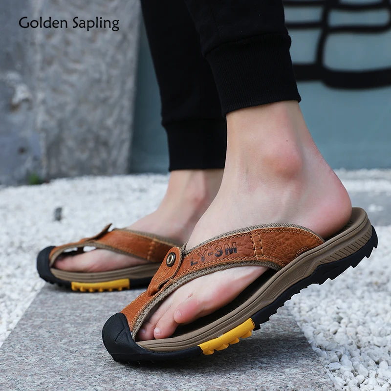 

Golden Sapling Men's Slippers Summer Shoes Genuine Leather Flip Flops Man Casual Beach Shoe Comfortable Leisure Slides Footwear