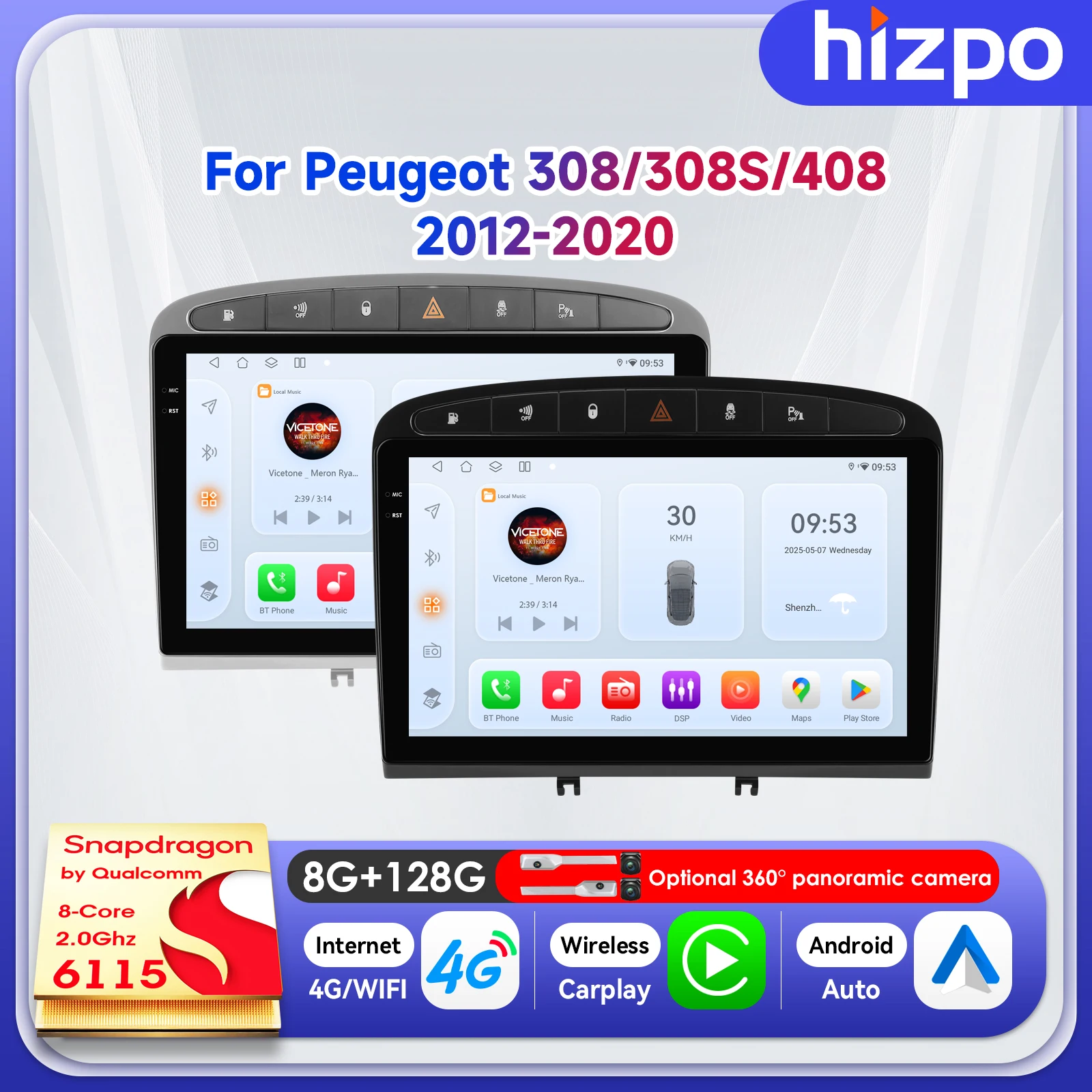 Hizpo 9 Inch Wireless Smart Multimedia For Peugeot 308 308SW 1 2007-2015 For Peugeot 408 1 2012-2020 For Peugeot RCZ 4G Carplay