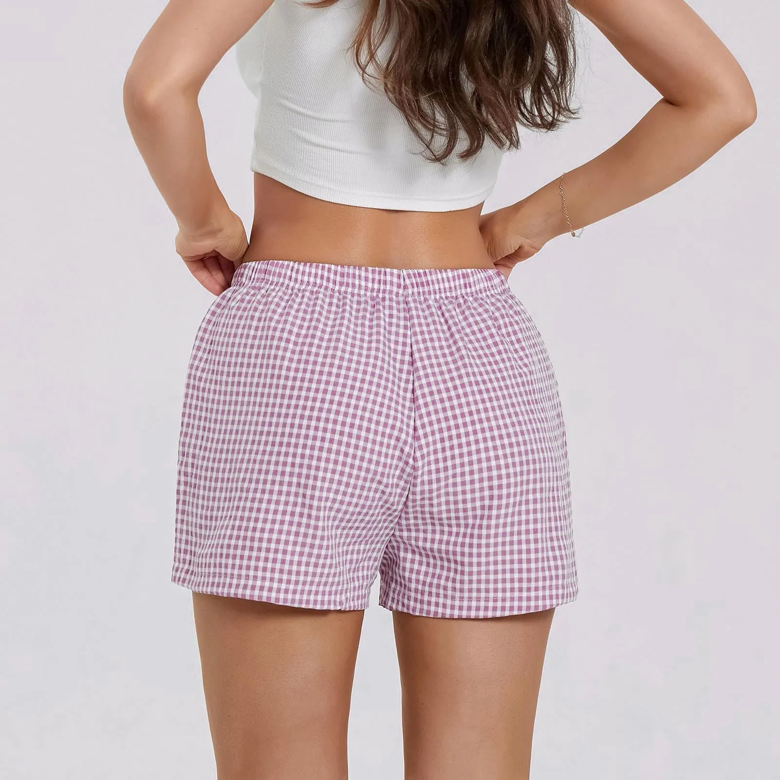 Cintura elástica feminina listrada xadrez pijama shorts, bonito lounge bottoms, pijamas meninas adolescentes, boxers de verão, boxers estéticos, Y2K