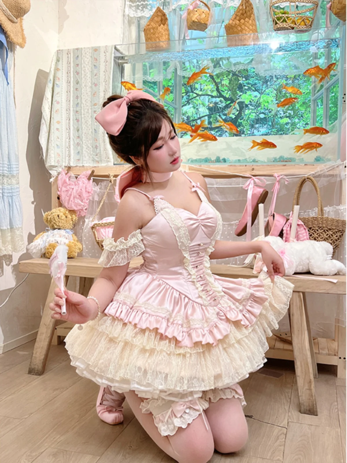 Pink Lolita Princess Dress Women's Exquisite Romantic Slim Fit Lace Stitching V-neck Sexy Mini Dress Lady Elegant Summer Dress