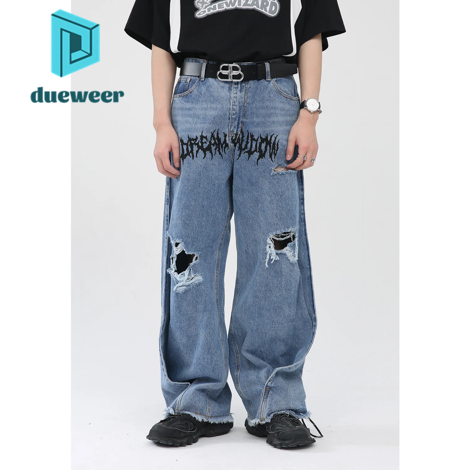 

DUEWEER Korean Fashion Letter Loose Ripped Raw Edge Jeans Men Hip Hop Casual Scratch Hole Streetwear Black Denim Pants Trousers