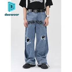 DUEWEER Korean Fashion Letter Loose Ripped Raw Edge Jeans Men Hip Hop Casual Scratch Hole Streetwear Black Denim Pants Trousers