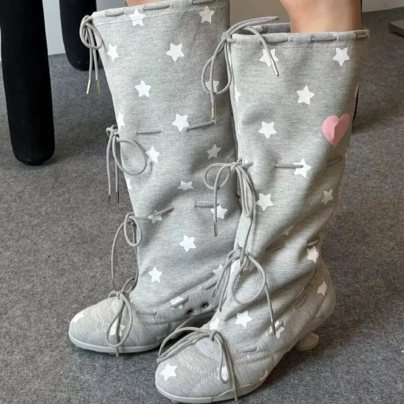 2026 New Polka Dot Casual Women's Knee High Boots Fashion Retro Printed Design Bow Decor Mid Heel Comfortable Women Shoes image 5