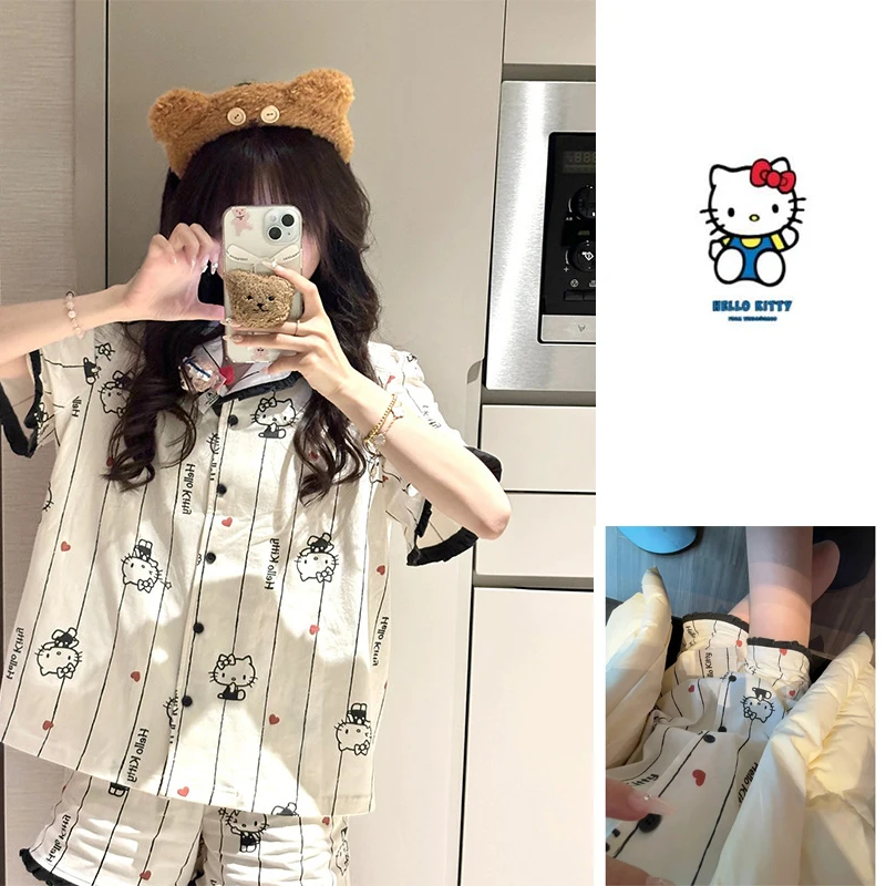 

New Kawaii Anime Pajamas Set Sanrios Hellokittys Summertime Cartoon Thin Short Sleeve Shorts Girlish Cartoon Fashion Ventilate