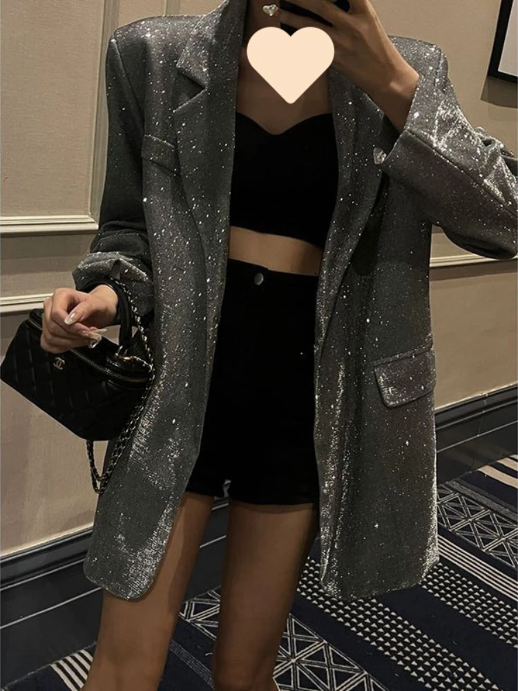 2024 Spring Autumn Women Silver Sequin Blazer Woman Over  Sized Suit Jacket Fashion Elegant Female Party Club Coat Women