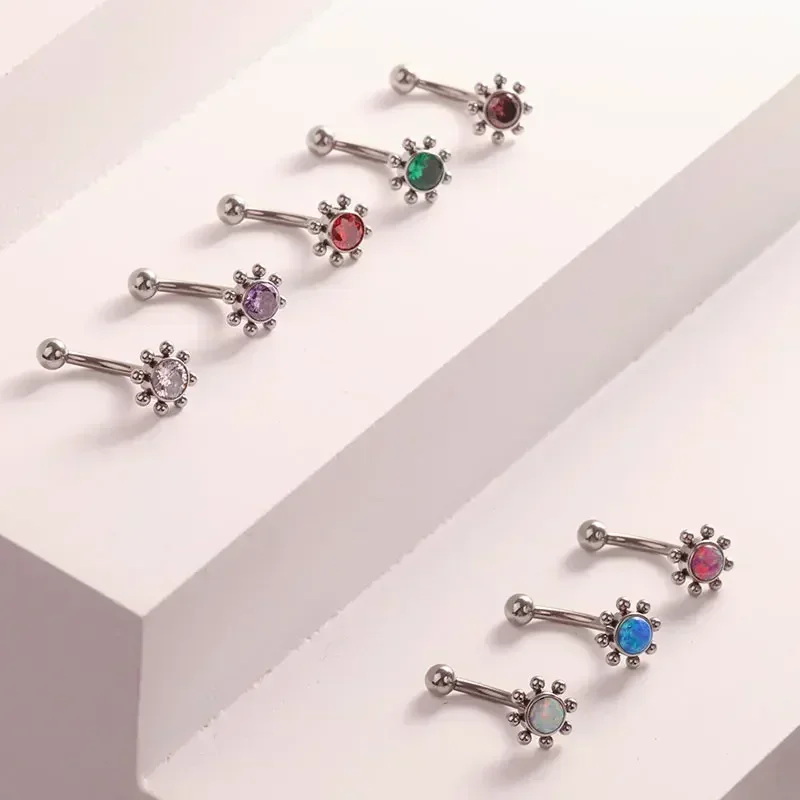 Piercing clásico de titanio para cejas, joyería para Piercing de ombligo con incrustaciones de ópalo y circón, 16G, hilo interno, plátano, labio