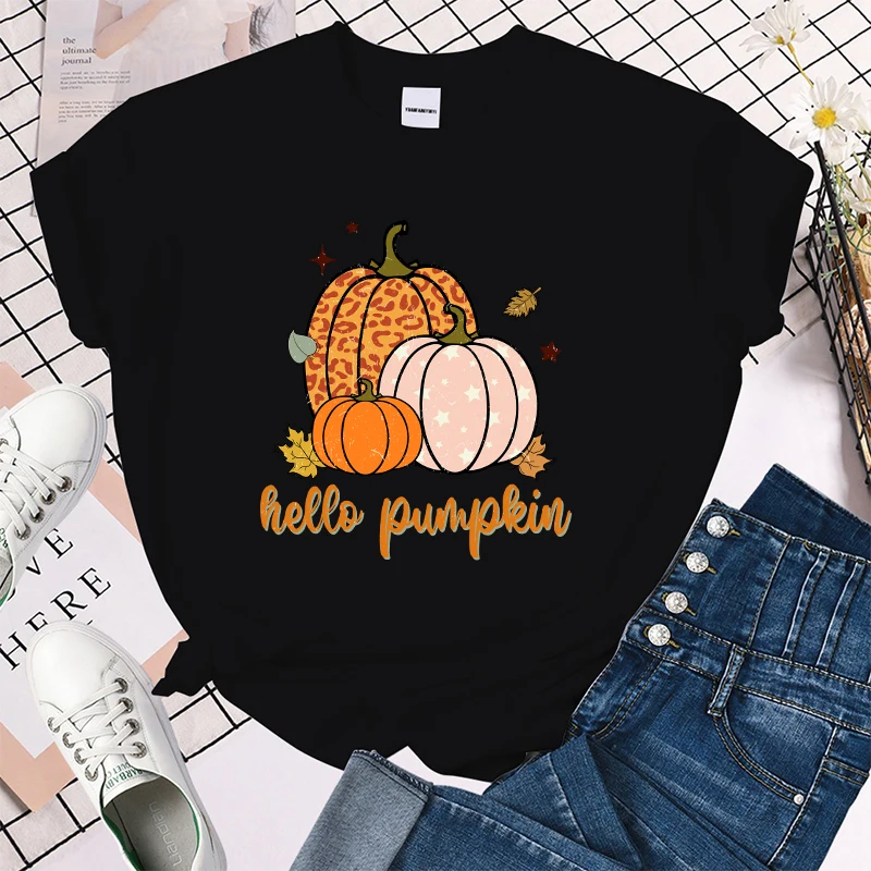 (Premium T-shirt)Fall Hello Pumpkin Print T-Shrits For Women Summer Short Sleeve Round Neck Cute Loose T-Shirt Creative tops