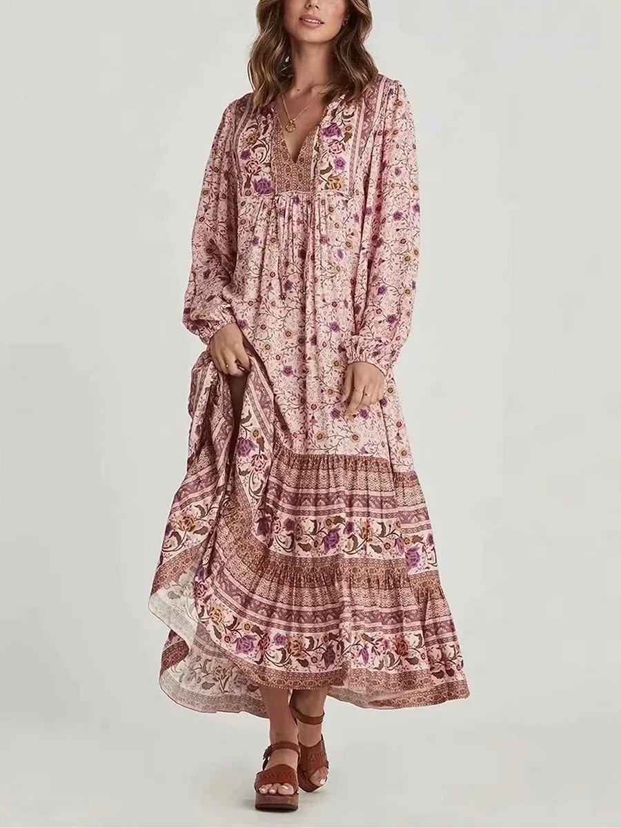 Długie sukienki damskie Retro Bohemian Floral Print Long Balloon Sleeves Tie V-Neck Tiered Smock Flowy A-Line Dress y2k Streetwear