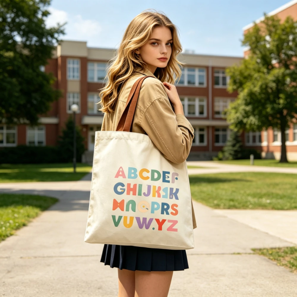 Colorful ABC Alphabet Canvas Tote Bag Large Capacity Eco Reusable Shopping Shoulder Bag Women Teacher Student School Handbags