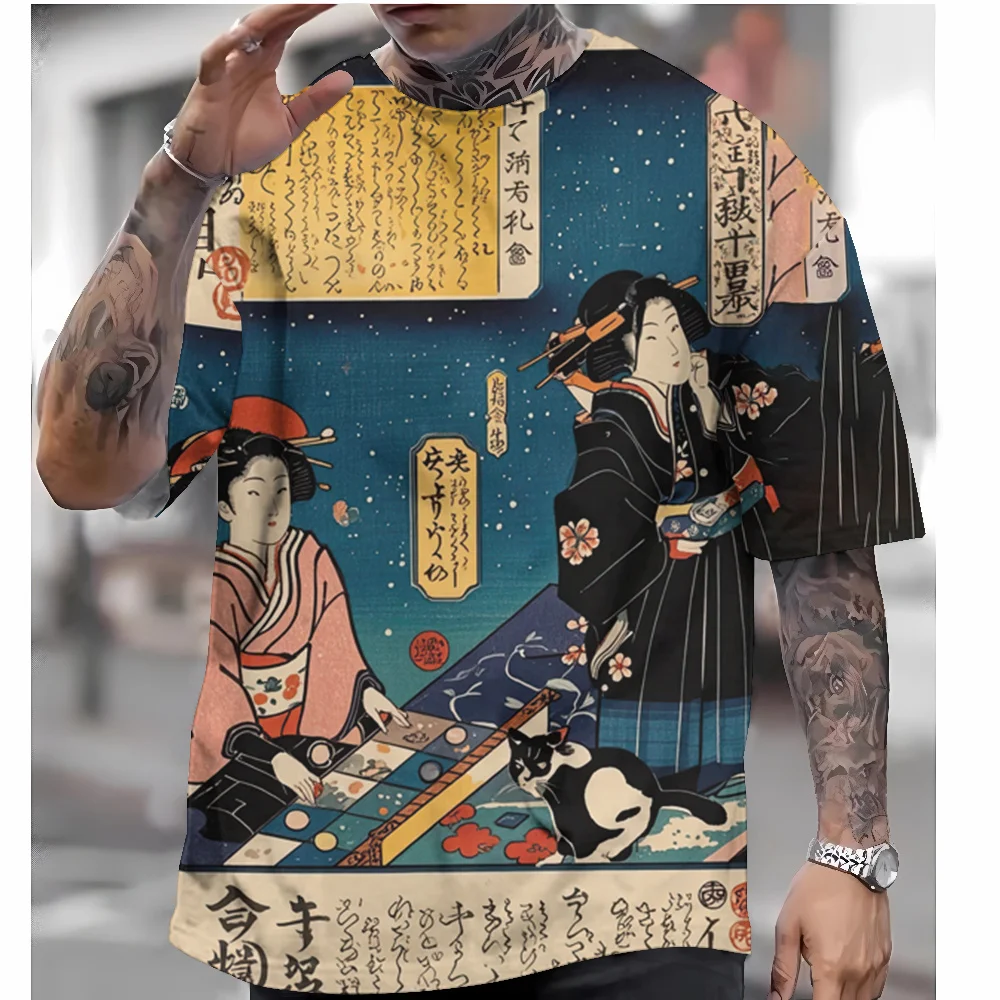 Men\'s T-Shirt Japanese Style Geisha Ukiyo-e Graphic 3D Printed Casual Short Sleeved Tee Outdoor Oversized Men Clothing Tops New