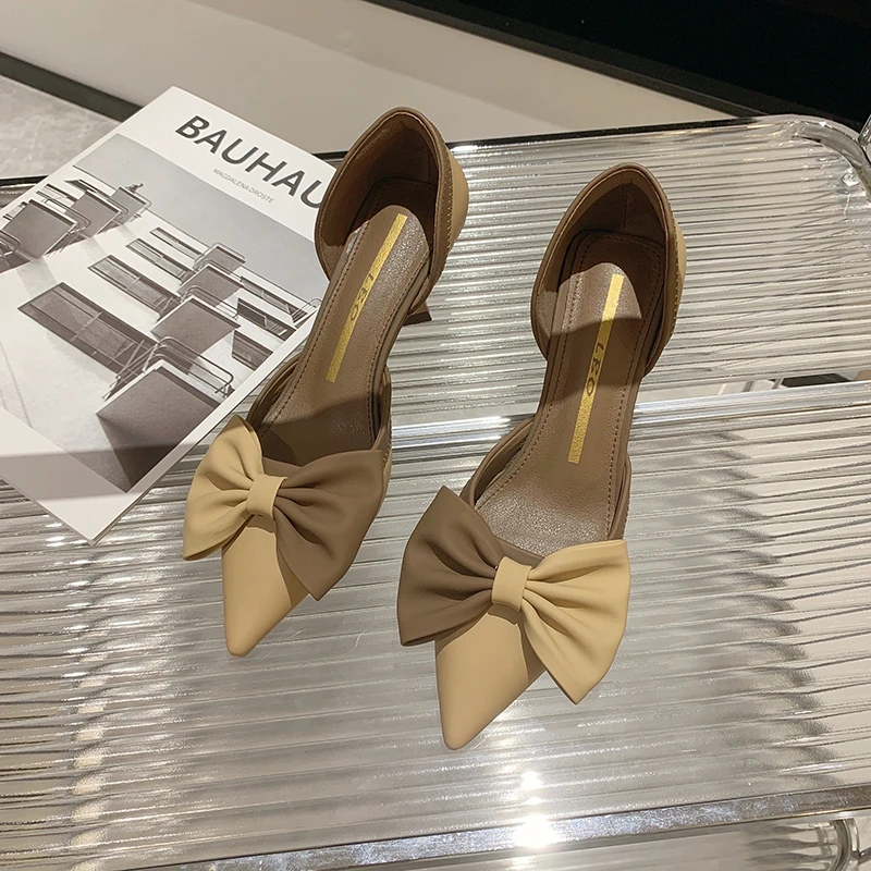 Scarpe con tacco sottile alla moda da donna Primavera Nuova testa a punta Bocca poco profonda Nodo a farfalla Tacchi alti slip-on resistenti all'usura