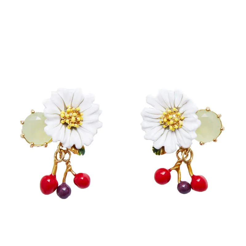 French Fresh Fashion Sweet Enamel Glaze White Daisy Flower Green Opal Glass Mini Red Purple Cherry Pendant Earrings Ear Clips