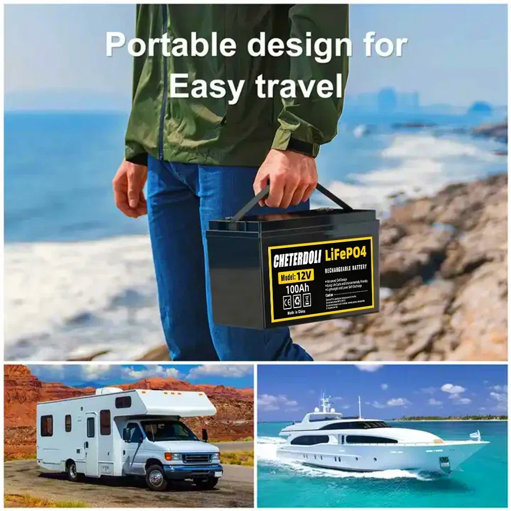 Batería Lifepo4 de 12v, 100ah, 12,8 V, fosfato de hierro y litio, inversor de ciclos, encendedor de coche con cargador de 14,6 v y 10A, sin impuestos
