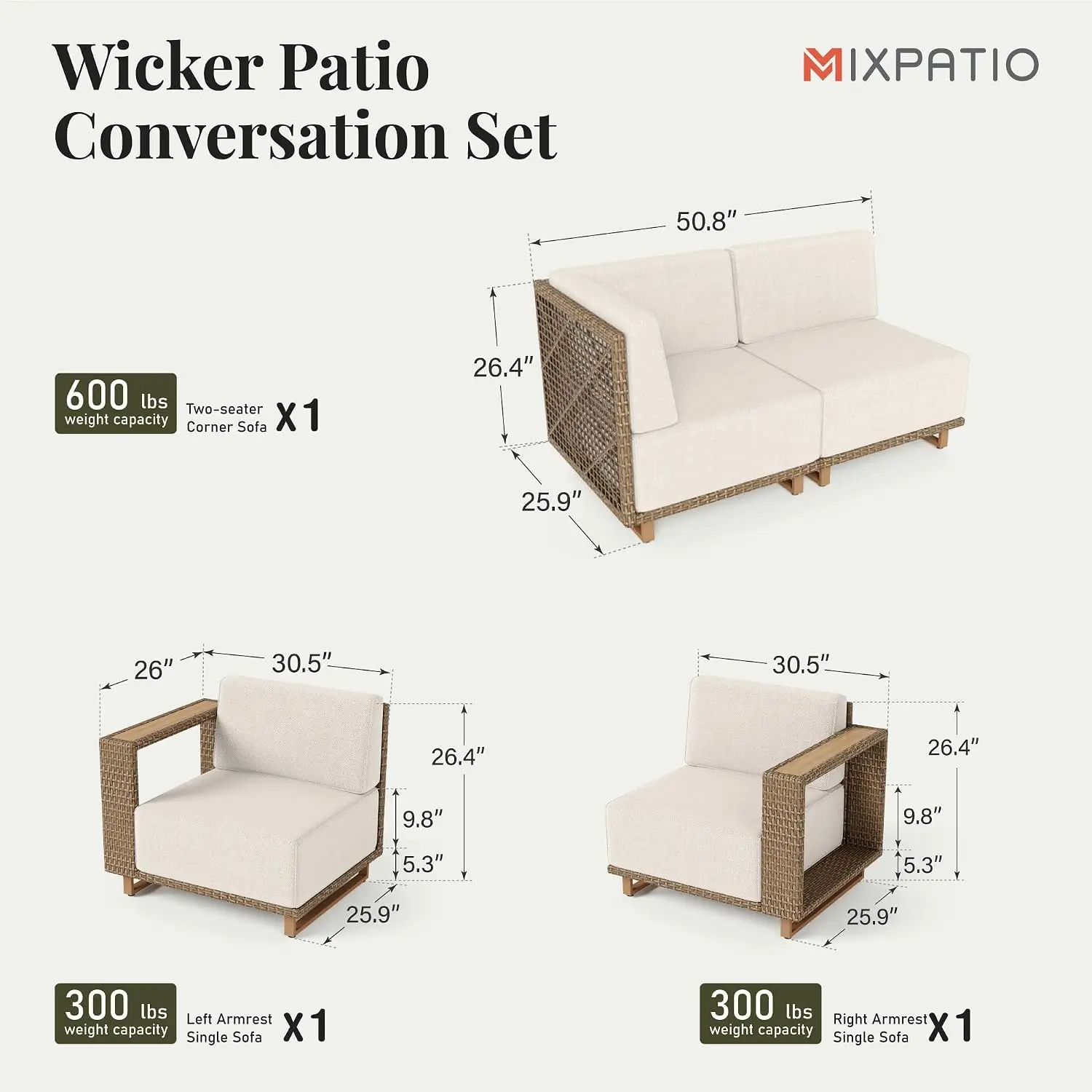 Patio 4 Piece Rattan Modular Sofa, Deep Seating Set with 10