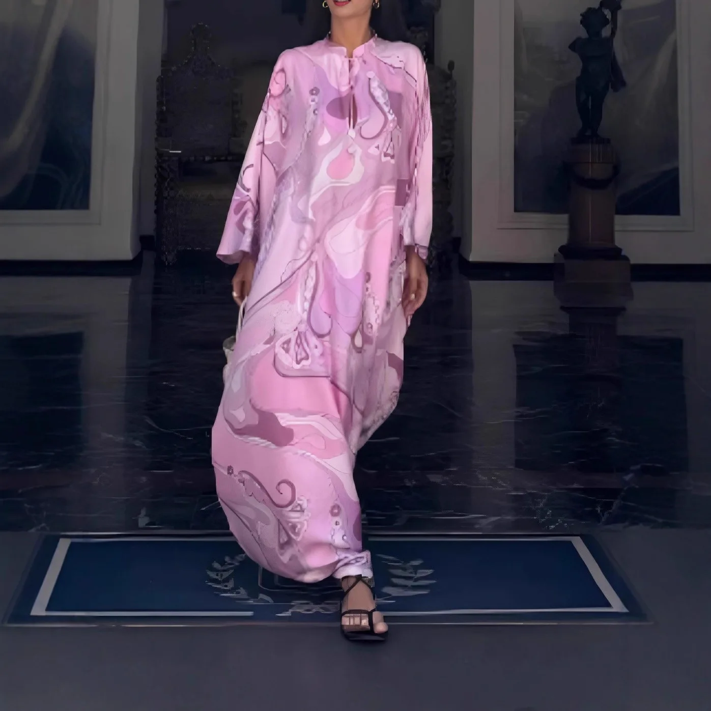 

2025 Early Autumn Pattern Printed Party Dress Retro Seven Quarter Sleeve Middle Eastern Dress Ladies Lace Up Loose Robe Dress