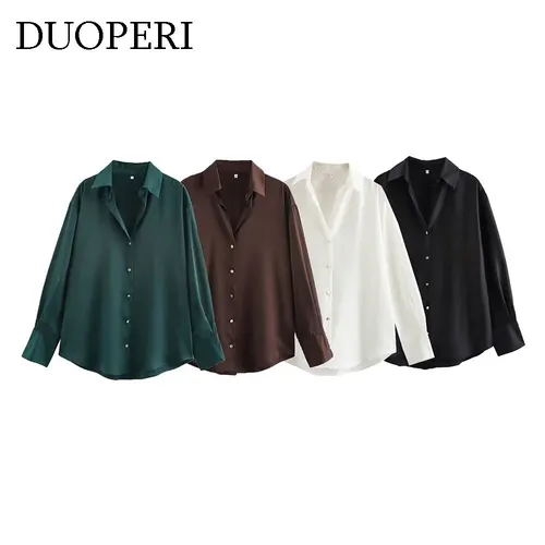 DUOPERI, blusa marrón satinada a la moda para mujer, cuello de solapa, mangas largas, camisas Vintage elegantes para mujer