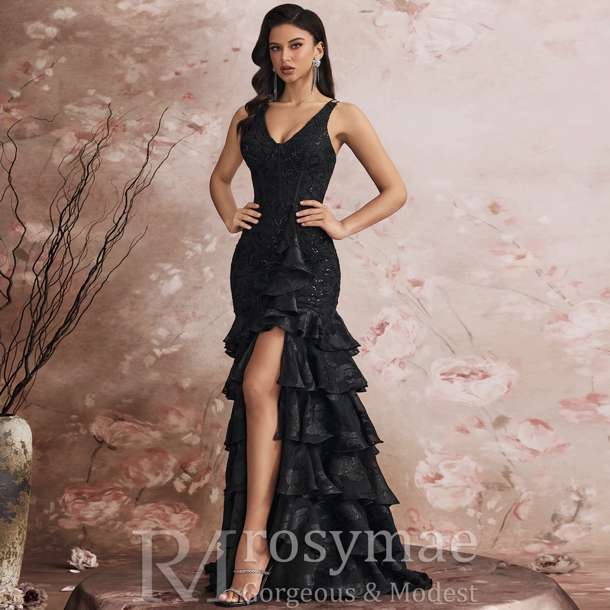 로지메 럭셔리 브이넥 케이크 드레스 럭셔리 스팽글 슬릿 포멀 이브닝 드레스 우아한 슬릿 머메이드 맥시 파티 칵테일 가운