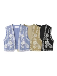 2025 New Spring Women embroidered flowers open waistcoat vintage v neck sleeveless female outerwear chic vest tops