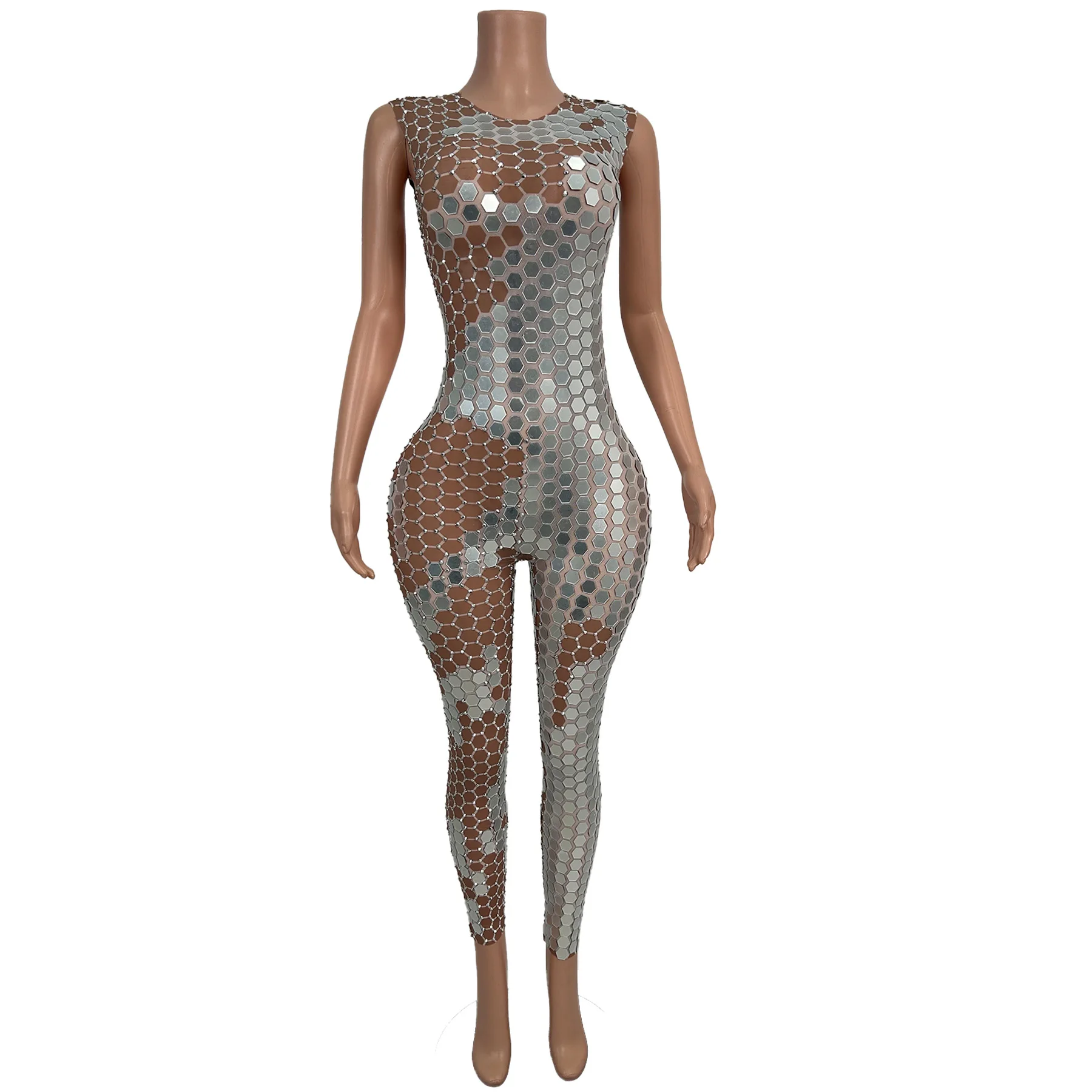 Sparkly Rhinestone Mirrors Sleeveless Bodycon Jumpsuit Celebrate Party Stage Performance Wear Sexy Showgirl Dance Wear Yinpianku