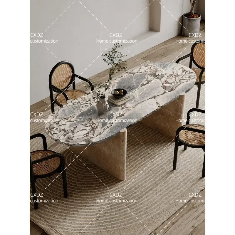 Light luxury high-end natural marble dining table household rectangular thickened travertine elephant white dining table