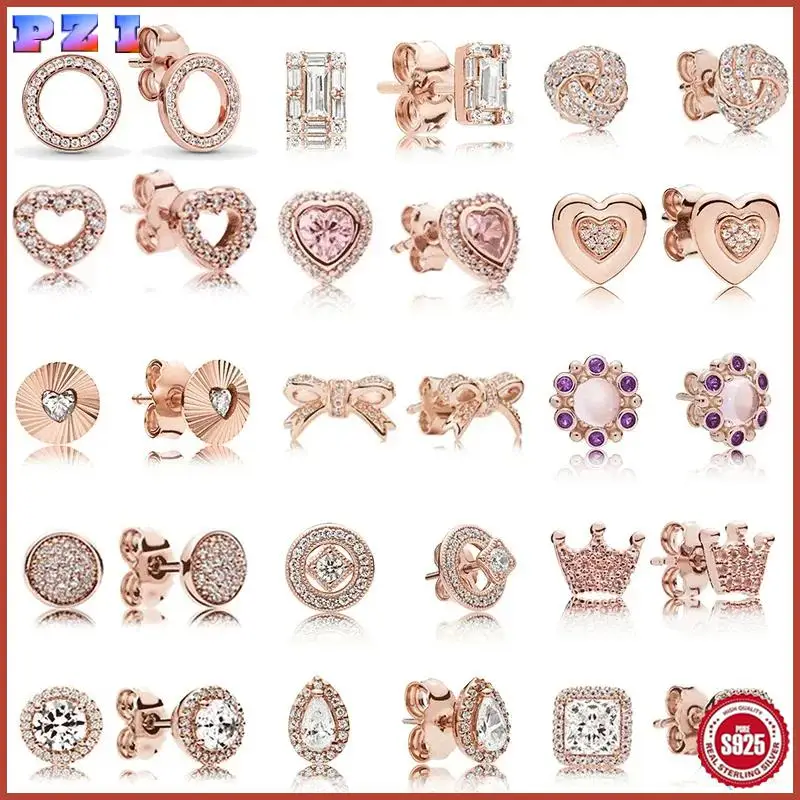 

Original 100% 925 Sterling Silver Pretty Rose Gold Earrings With Crystal Water Drop Surround Elegant Zircon Earrings Studs