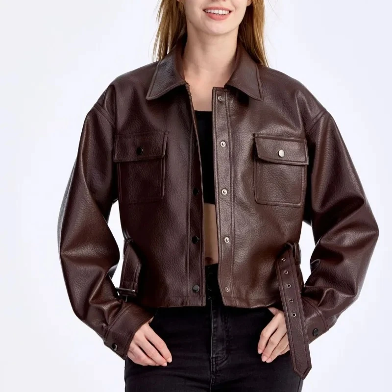 

Элегантные куртки-бомберы, женские куртки чистого кроя из искусственной кожи, винтажные кожаные плащи с поясом, весенне-осенняя женская куртка