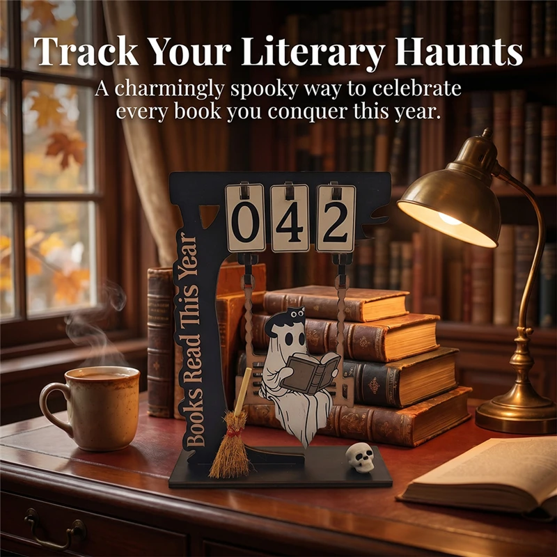 2Pcs Halloween Wooden Reading Tracker Cute Ghost Pumpkin Book Counter Ornament, Bookworm Gift Hanging Tag Decor for Book Lovers