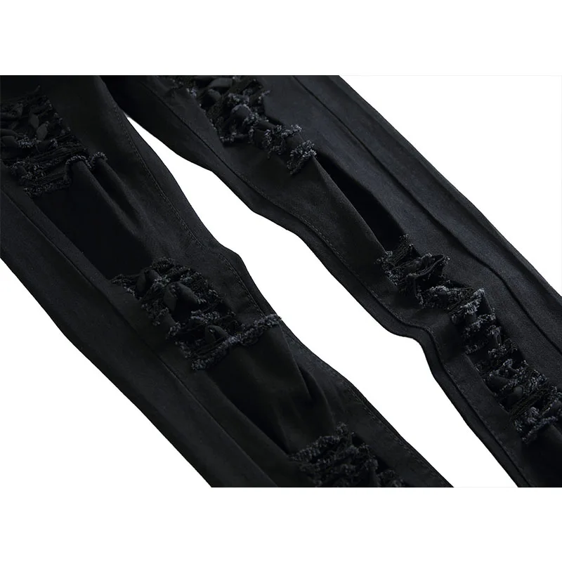 New Black Straight Hole Destruction Trousers Distressed Jeans Men Fashion Designer Stretch Casual Denim Pants Male Large Size