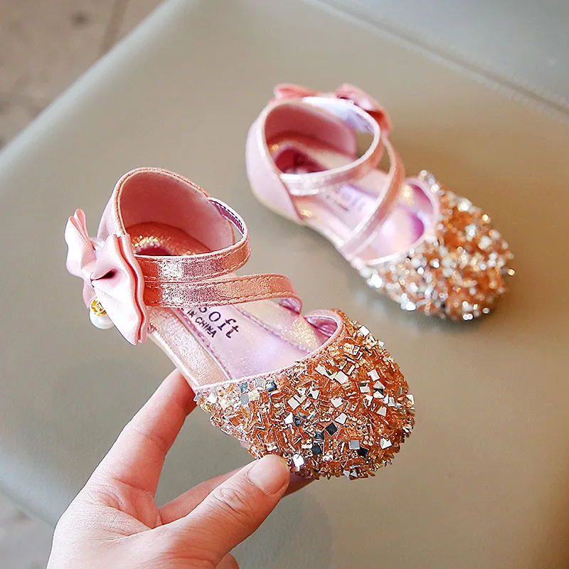 1-12 Toddler Sandals Summer 2022 Kid Shoe Baby Princess Leather Shoes Child Sandals Girl Crystal Sequins Party Fashion Bow Shoe