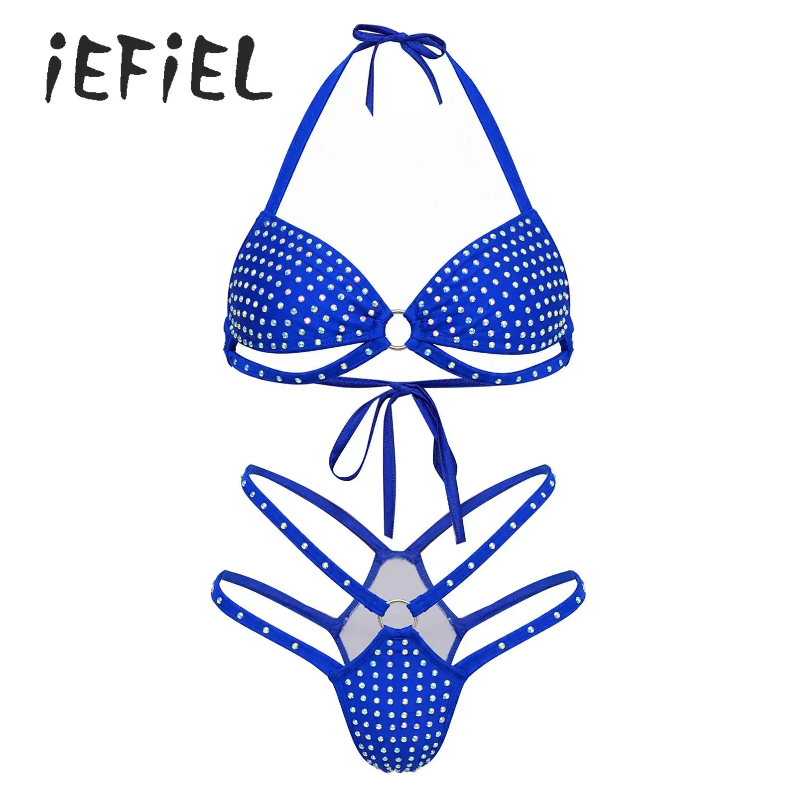 Women Shiny Rhinestone Bikini Swimsuit Bathing Suit Halter Backless Cutout Lace-up Bra with G-string Bikini Set Beach Swimwear