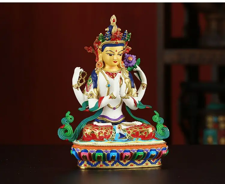 Buddhism high grade good Nepal Color drawing Four arm Guanyin Buddha copper buddha statue HOME Temple efficacious Protection
