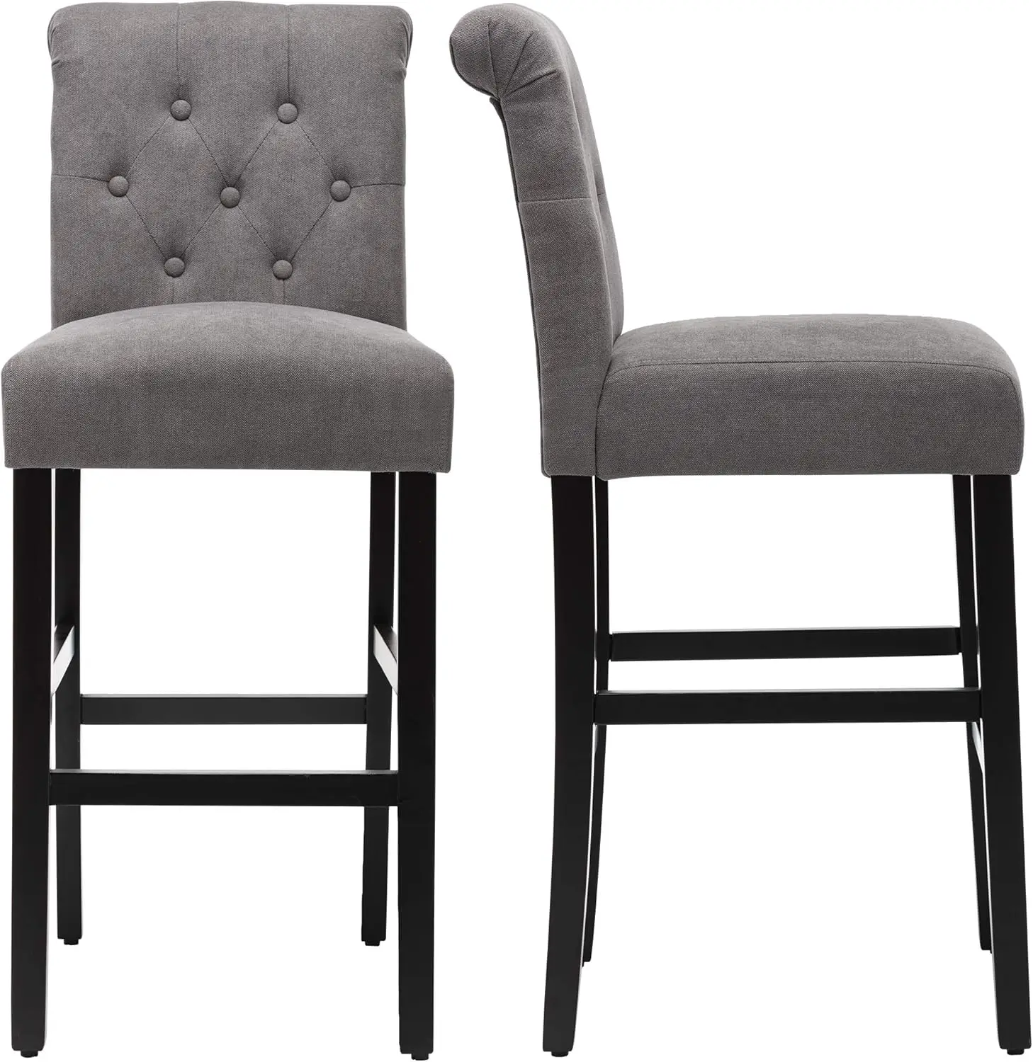 

NEW Set of 2 Button-Tufted Velvet Barstools Bar Chairs with Wooden Legs(Seat Height: 30 inches, Gray)