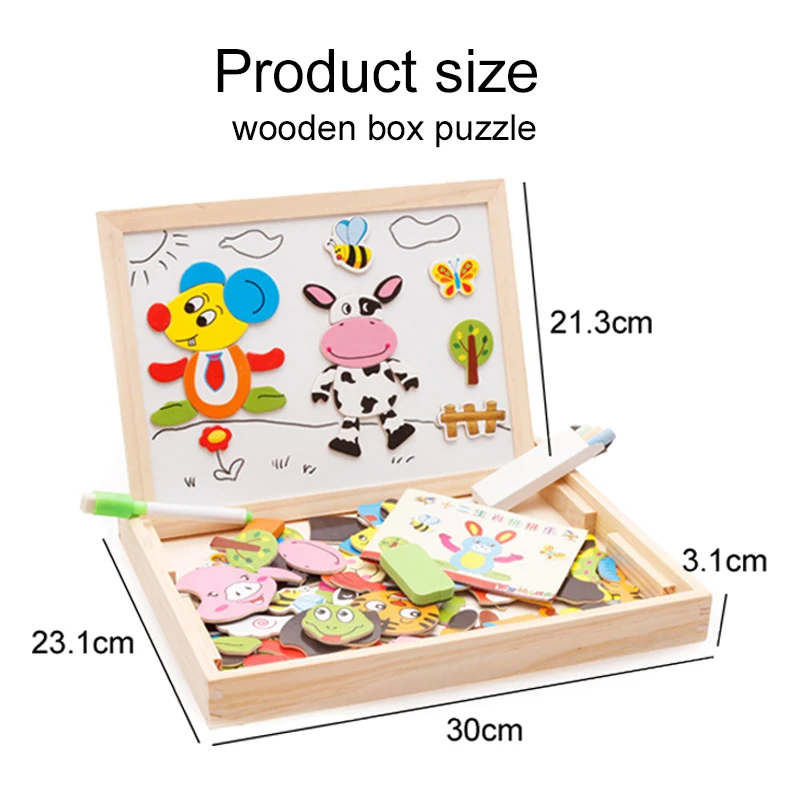 Children Wooden Multifunction Animal Puzzle Drawing Toy Board Blackboard Magnetic Writing Kids Learning Education Toys TMZ