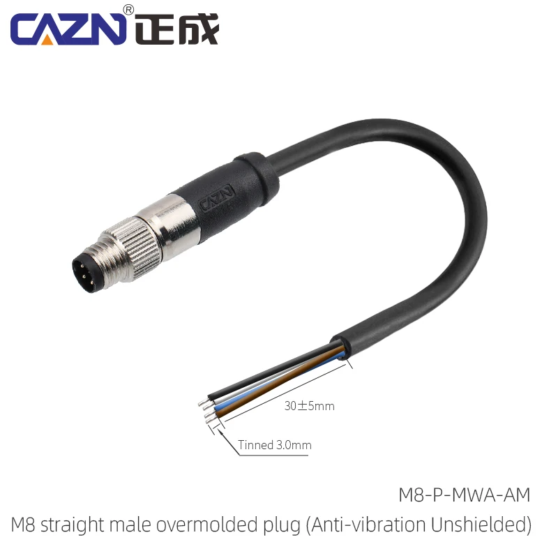 Anti-Vibration M8 Overmolded Plug with Damping 3 4 5 6 8 Pins Unshielded Custom Length 1/2/5m In Stock for Actuator Cable