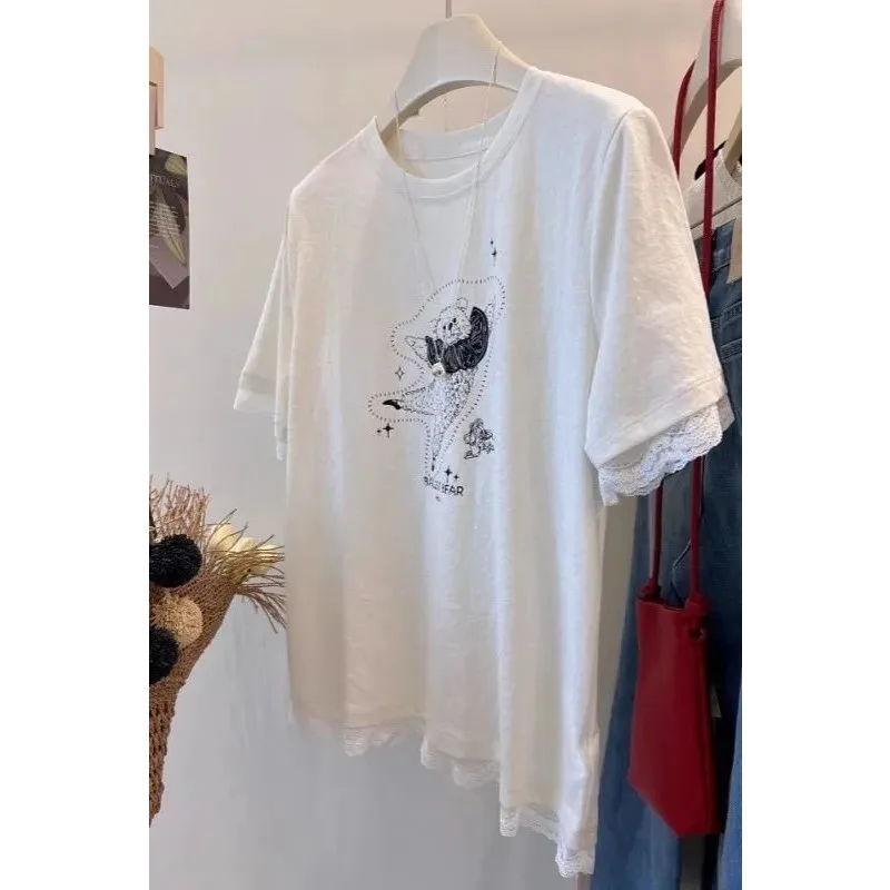 Women Crew Neck Cartoon Bear Print 100 Percent Snowflake Cotton T Shirt Lace Trim Loose Casual Summer Short Sleeve Top