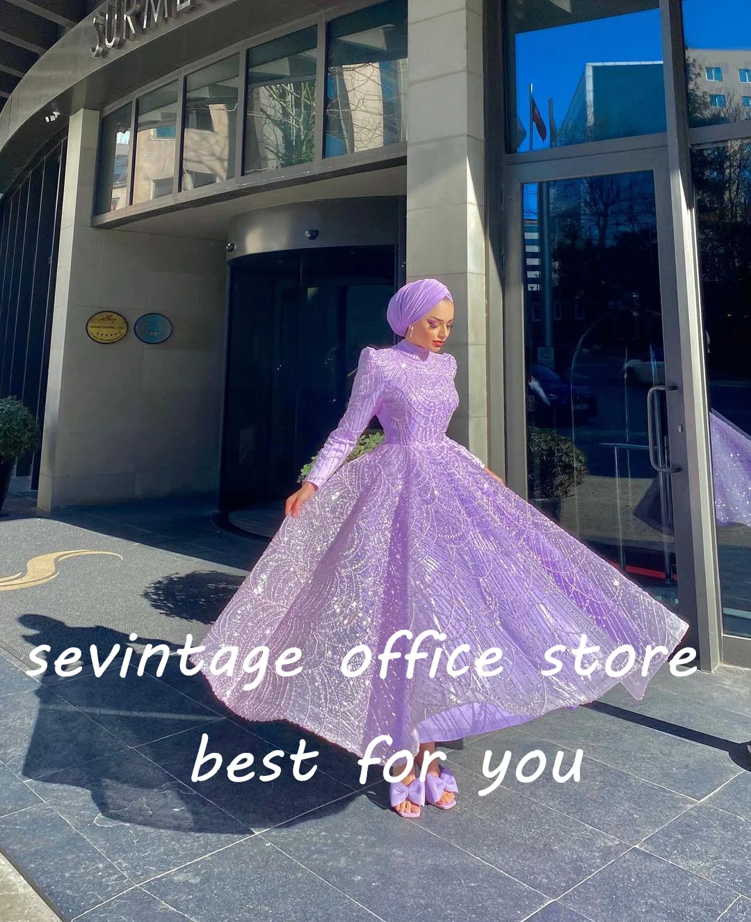 Sevintage Modest Lilac Prom Dresses Sequined Crystal Beading Pearls Long Sleeves High-Neck A-Line Arabic Muslim Evening Gowns