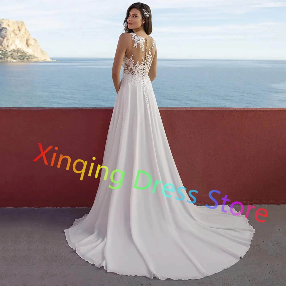 Classic Chiffon Appliques Beach Wedding Dresses with Side Slit V-neck Brush Train Button Back Bridal Gowns Vestidos De Novia