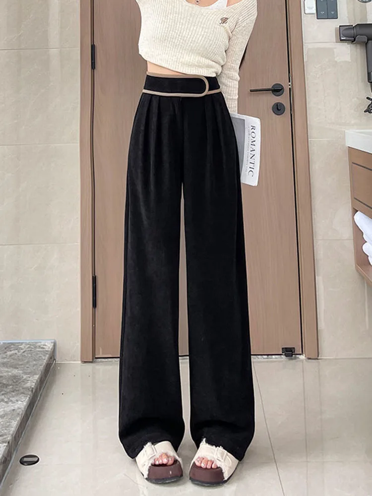 Pantalones de pierna ancha Vintage de cintura alta, Pantalones rectos coreanos a la moda, Pantalones gruesos elásticos sueltos informales para mujer, Calcas