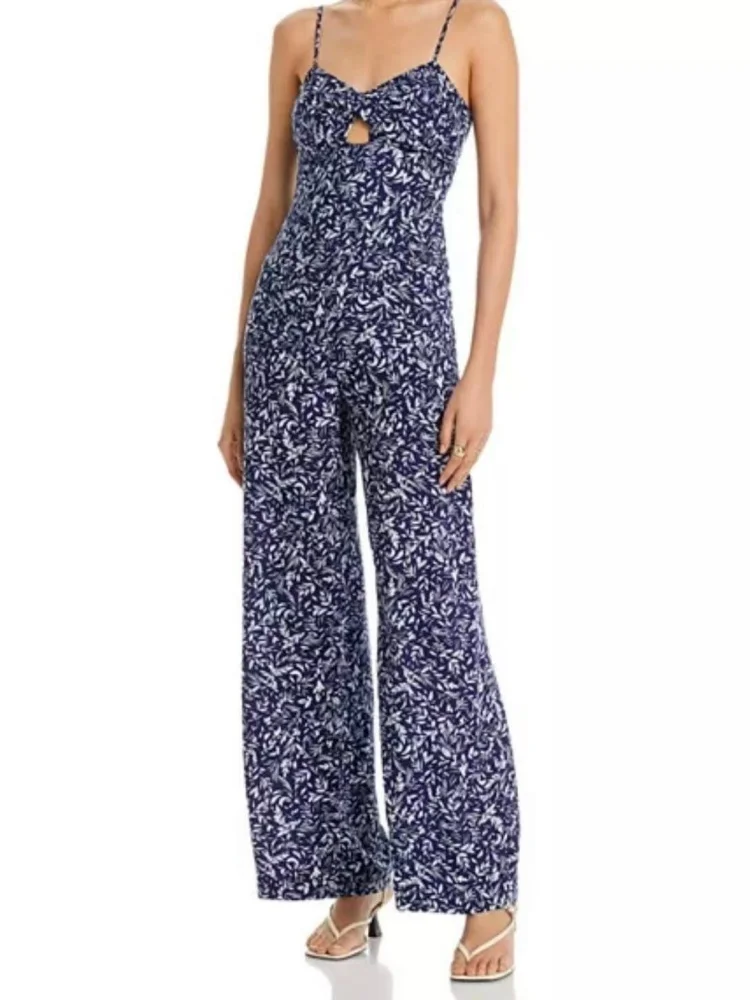 

Comfortable Printed Women's Romper High Waist Wide Leg Pants Fashionable Slimming Strap Design Commute Style Long Pants