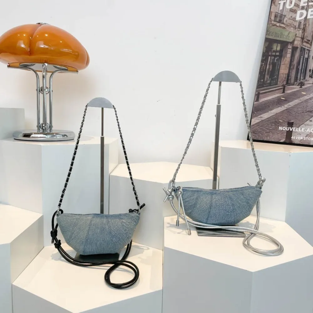 Sac à Croissant en chaîne élégant, sacoche de Style coréen avec fermeture éclair, sac à boulettes en Denim, demi-lune, sac à bandoulière en Nylon pour étudiant