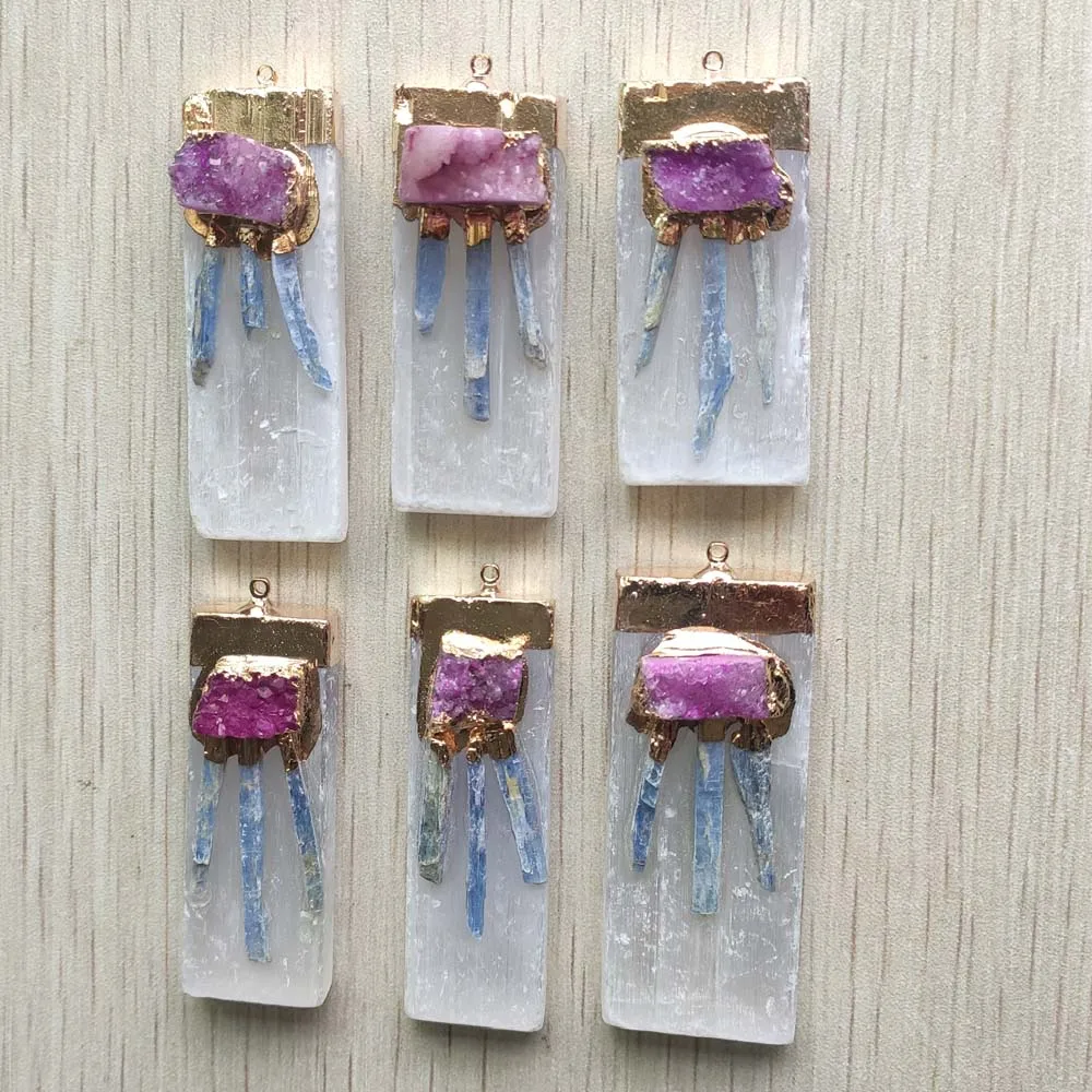 

Natural blue crystal Plaster Gypsum Ore Gold Plated plaster pillar pendant for diy jewelry making wholesale 6pcs/lot free